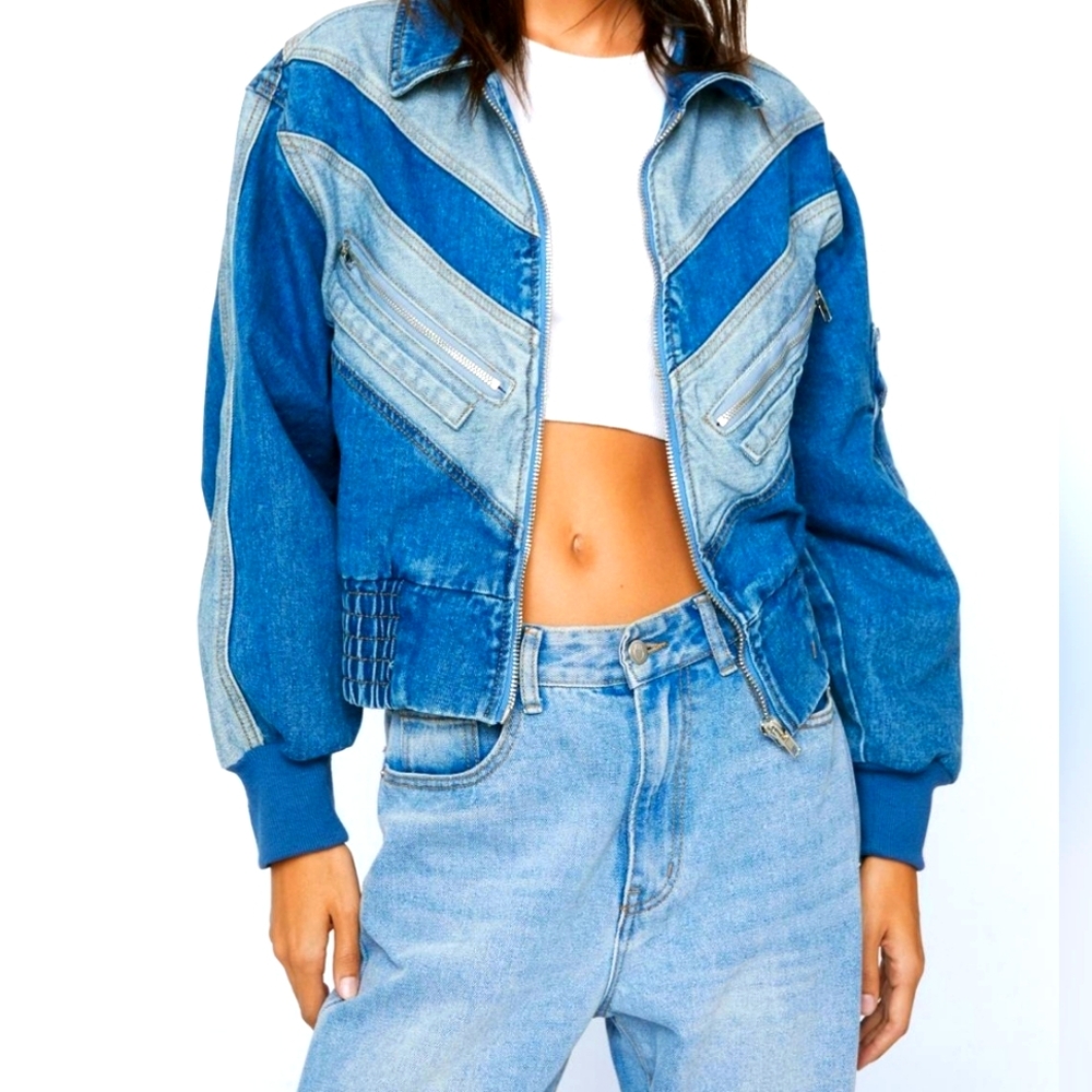 Nasty Gal Denim Bomber Jacket, Sz Medium